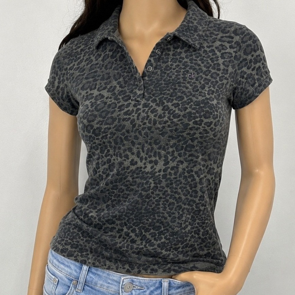 Calvin Klein Womens Polo Shirt Leopard Print Olive‎ Green Snap Neck Medium